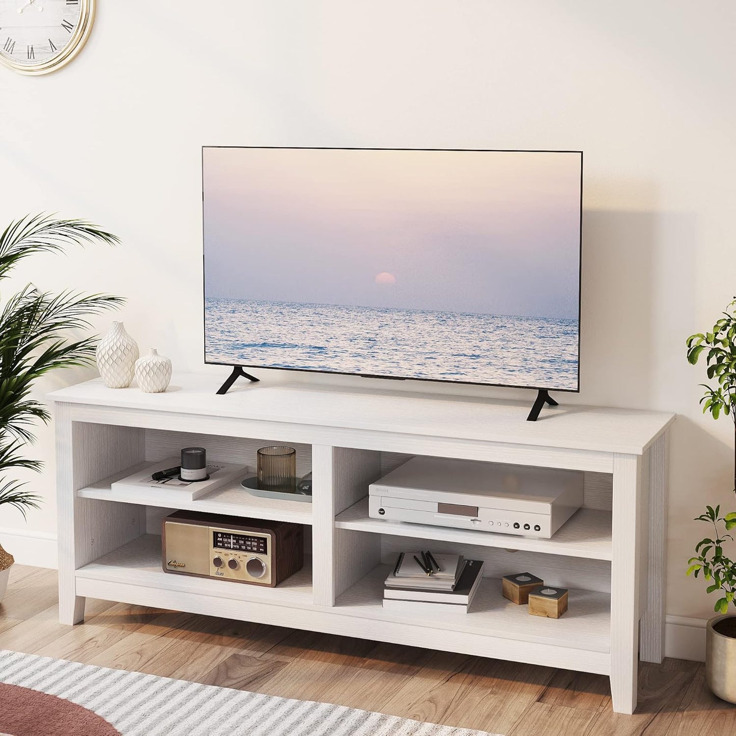 White Wood TV Stand w/ 4 Shelves, Fits 50-65 TVs | Gyger