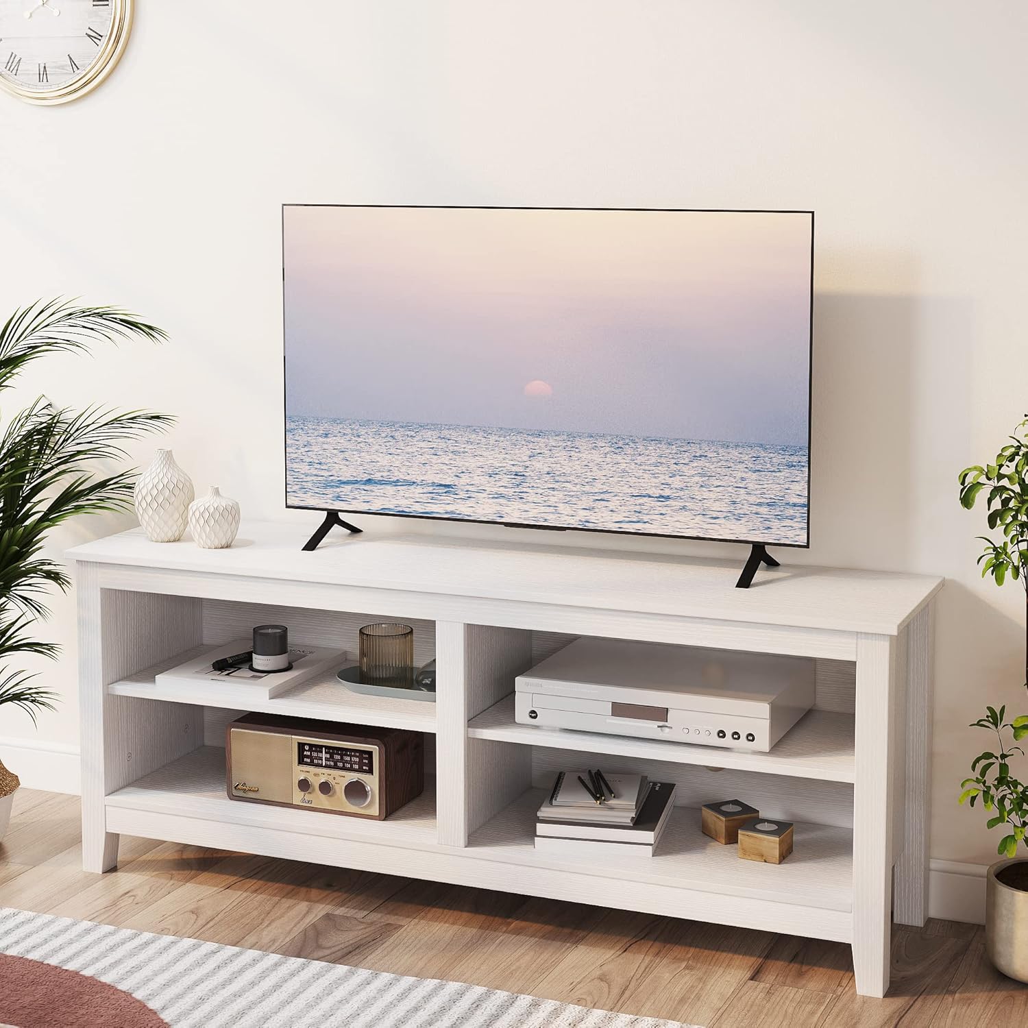 White Wood TV Stand w/ 4 Shelves, Fits 50-65 TVs | Gyger