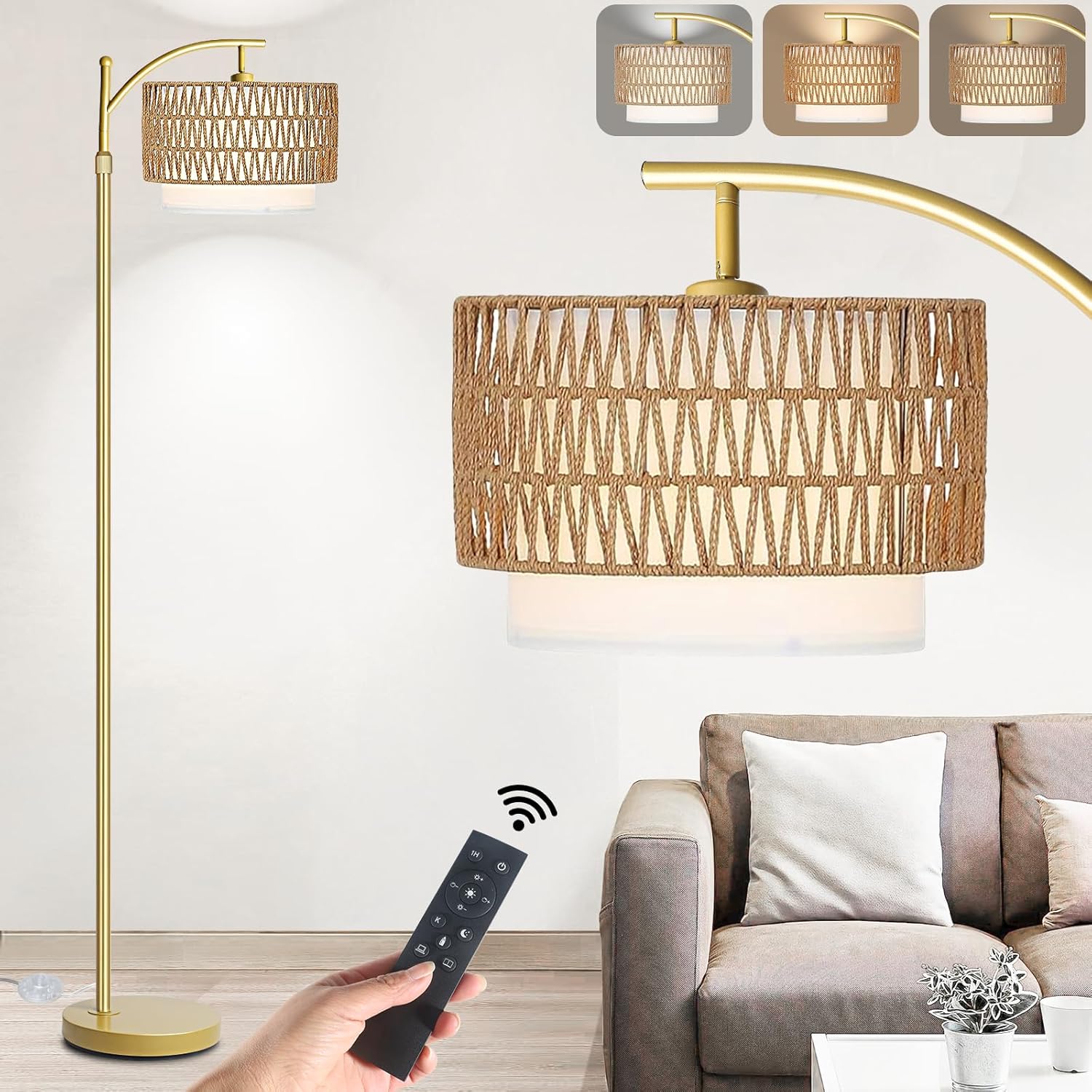 Arc Floor Lamp for Living Room with Remote Control & Dimmable Bulb