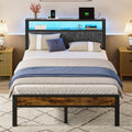 Full Size Platform Bed Frame with LED Lights and Charging Station