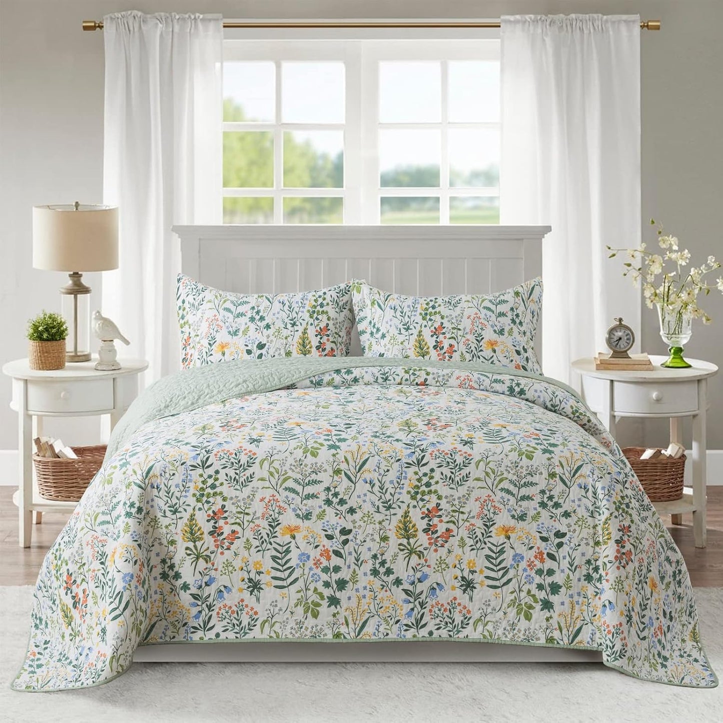 NEWLAKE Cotton Bedspread Quilt Set with Green Floral Design