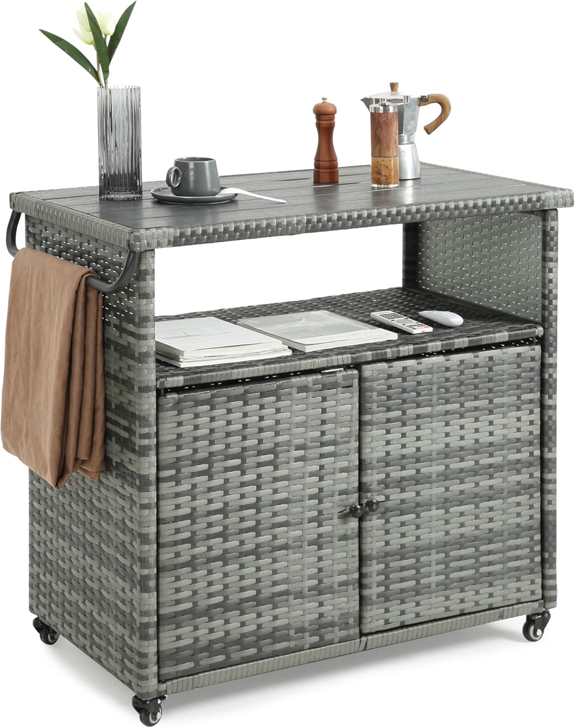 Wicker Outdoor Bar Cart - Gray Gradient Patio Console Storage