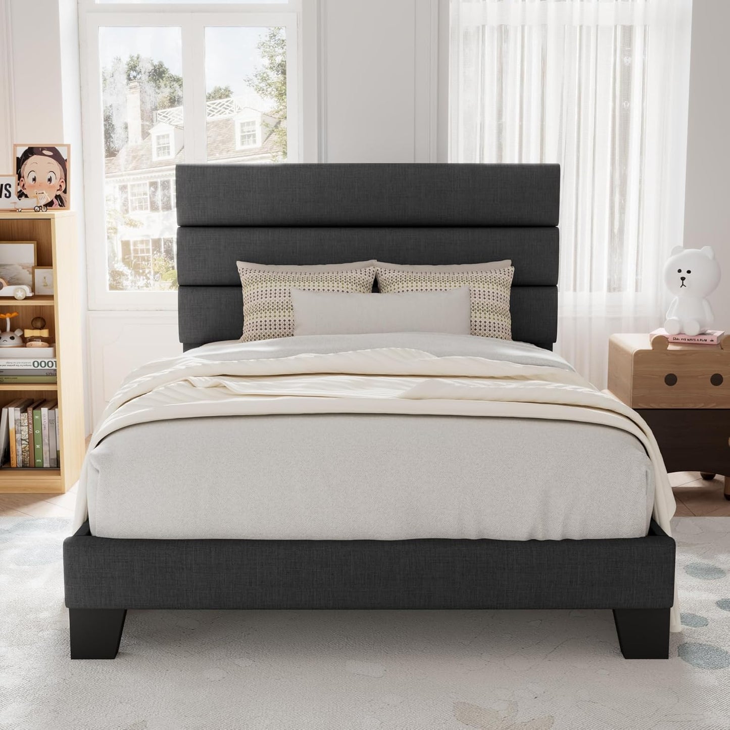 Allewie Twin Size Platform Bed Frame with Upholstered Headboard