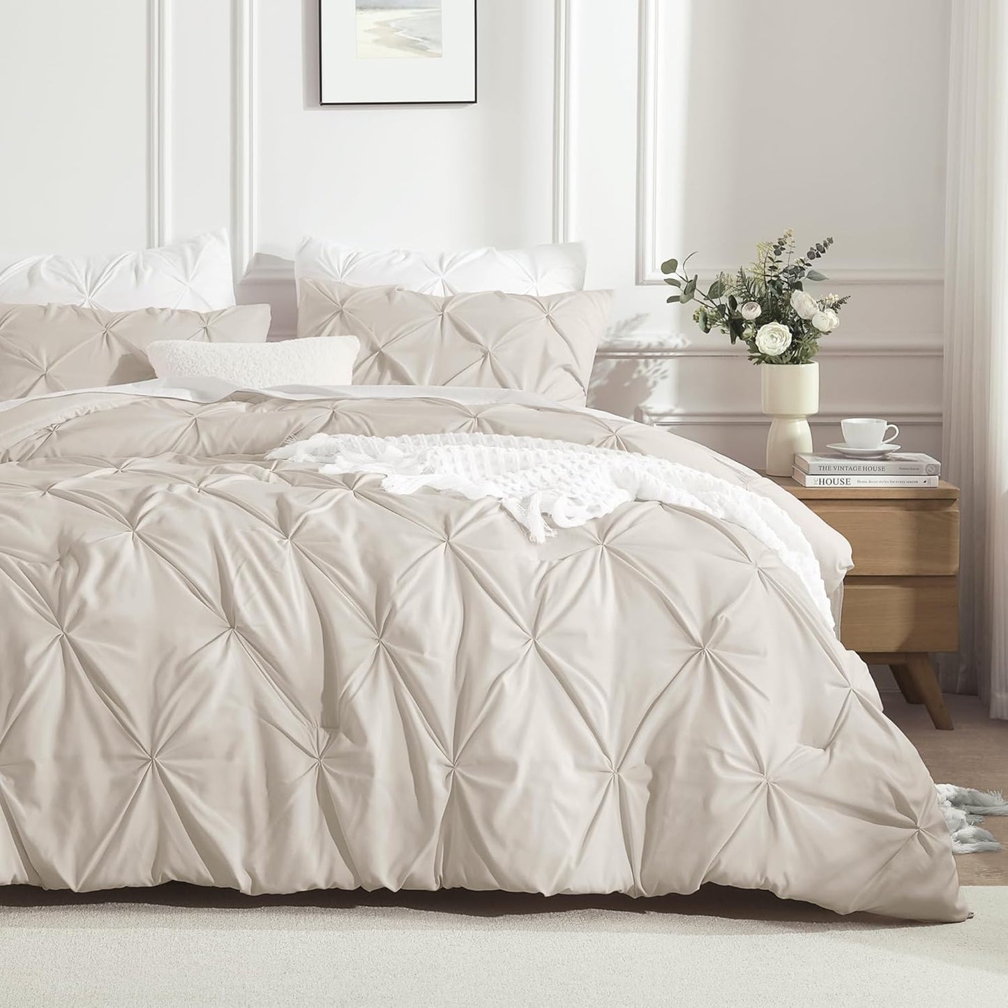 Pinch Pleat Comforter Set King Size in Elegant Beige Color