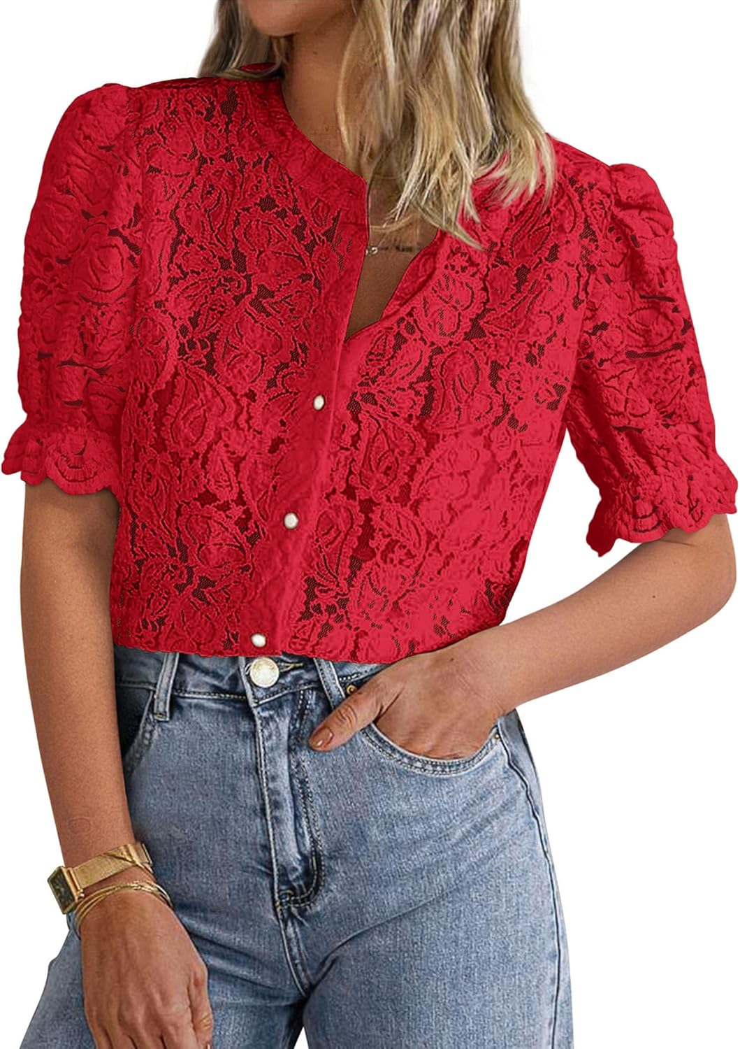 PRETTYGARDEN Womens Lace Tops Short Puff Sleeve Blouses