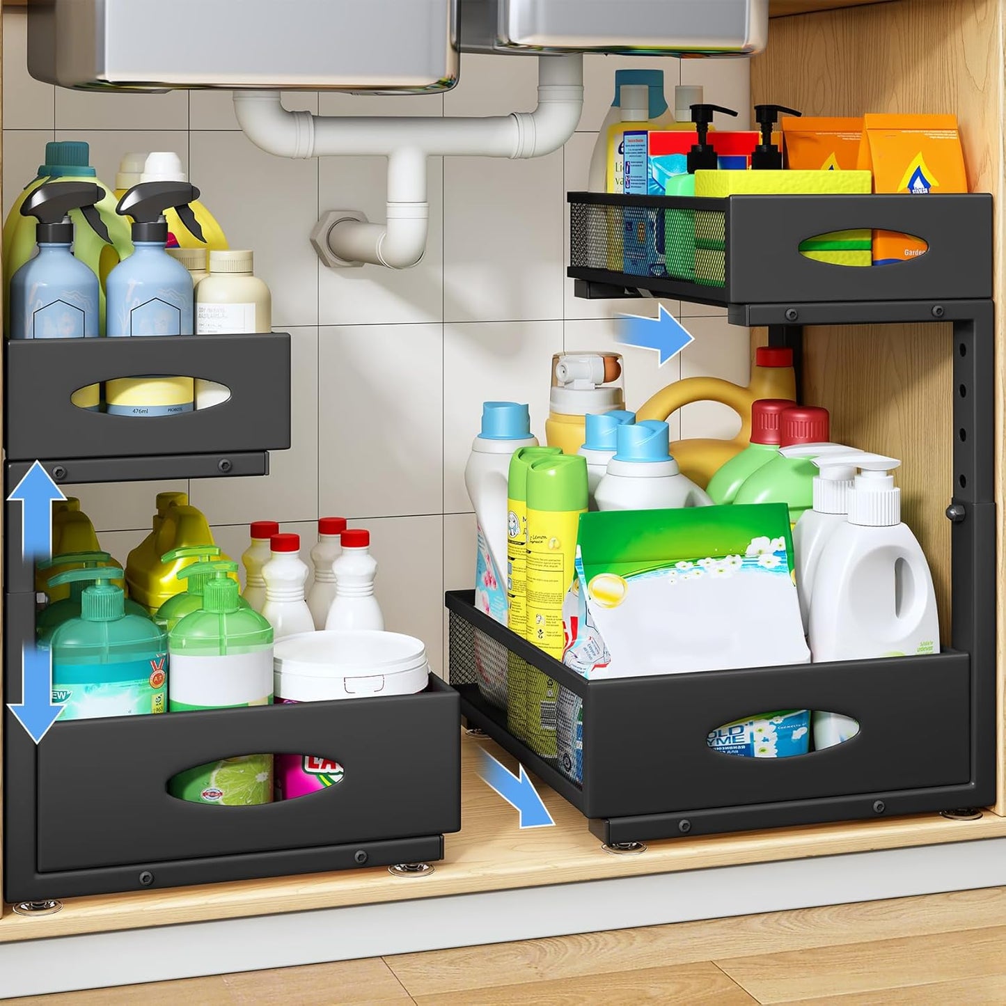 Under Sink Organizer with 2 Tier Pull Out Design for Storage