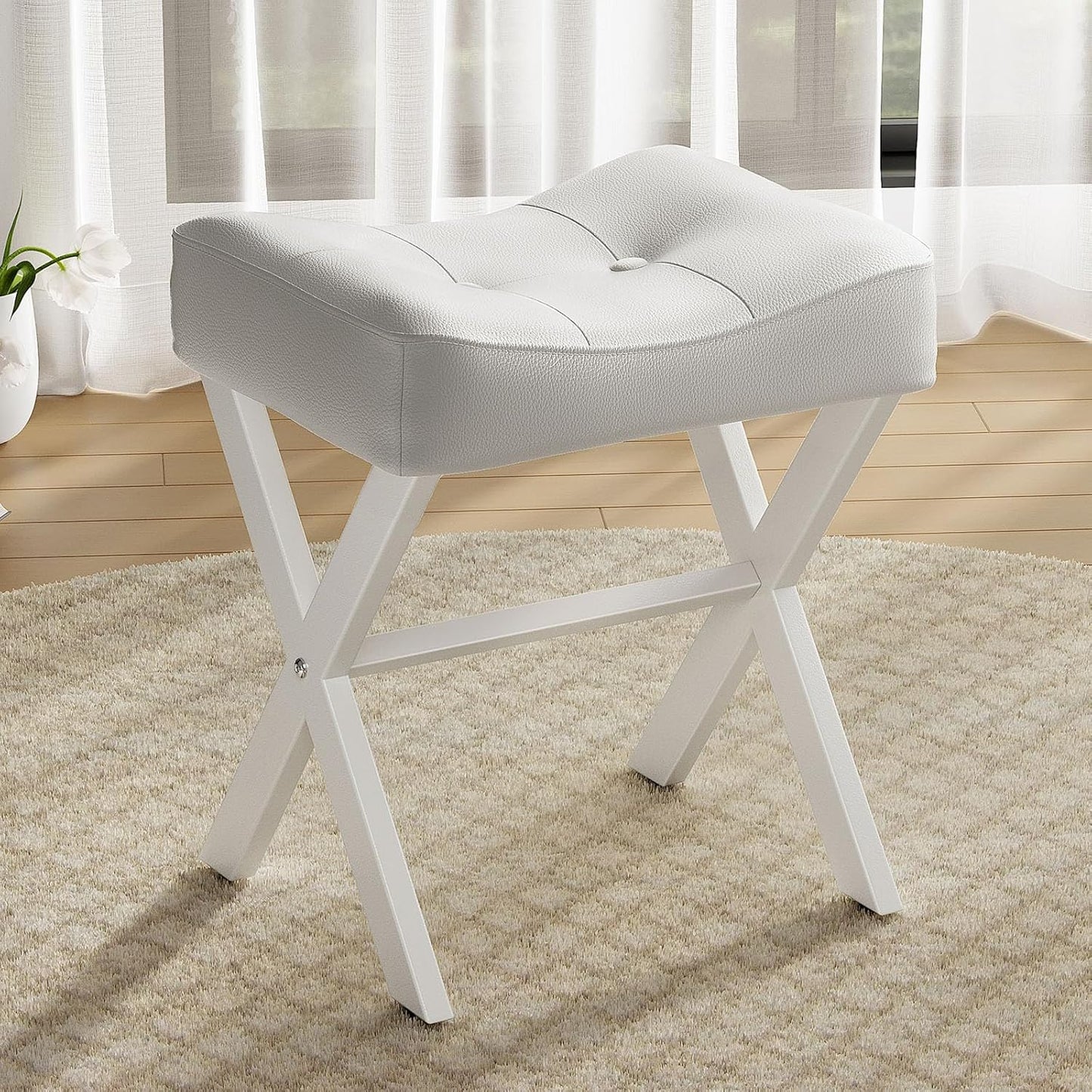 18-Inch Leather Vanity Stool Chair with Metal X-Leg Design