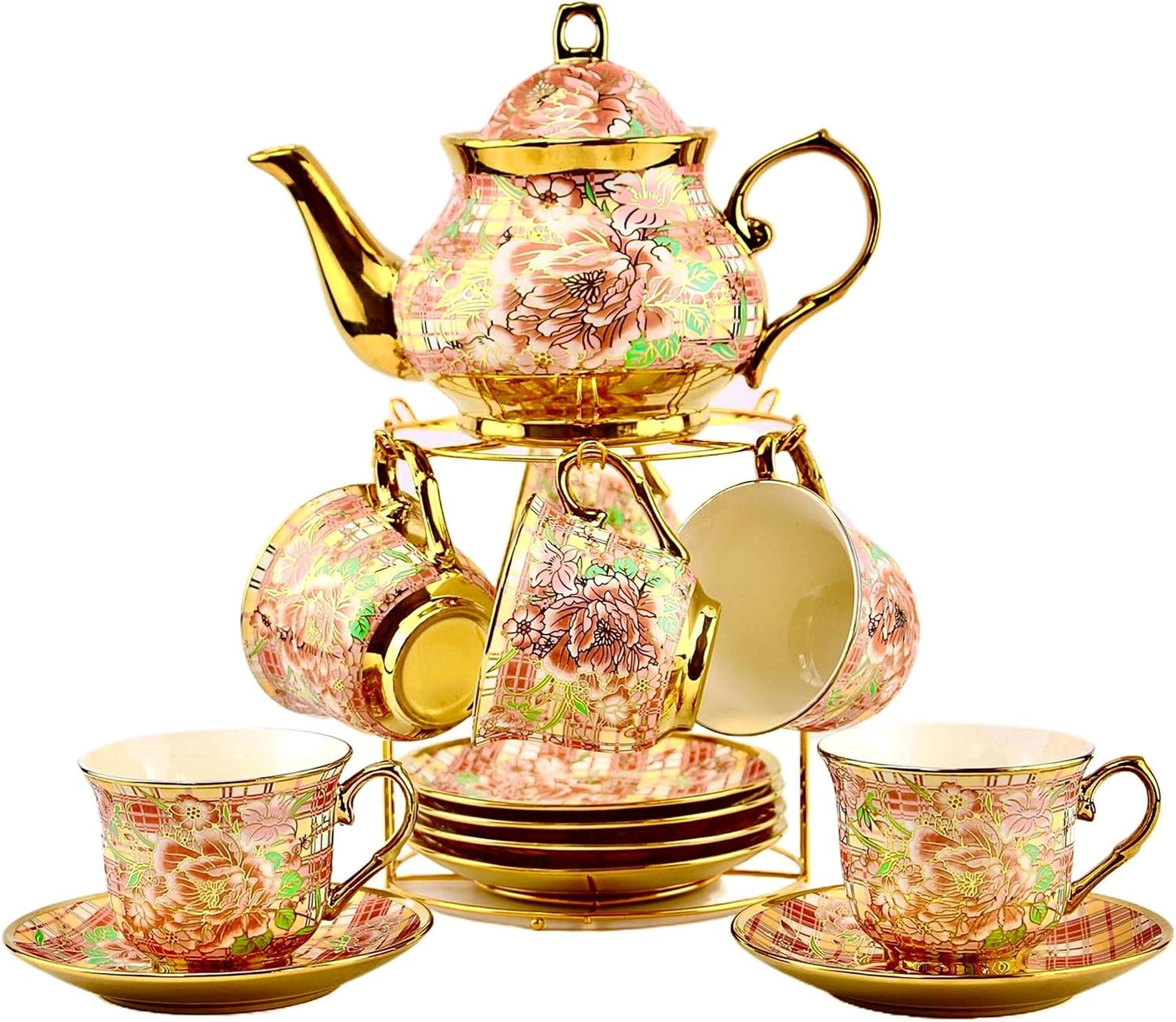 20 Pieces Porcelain Tea Set With Metal Holder for Elegant Tea Time