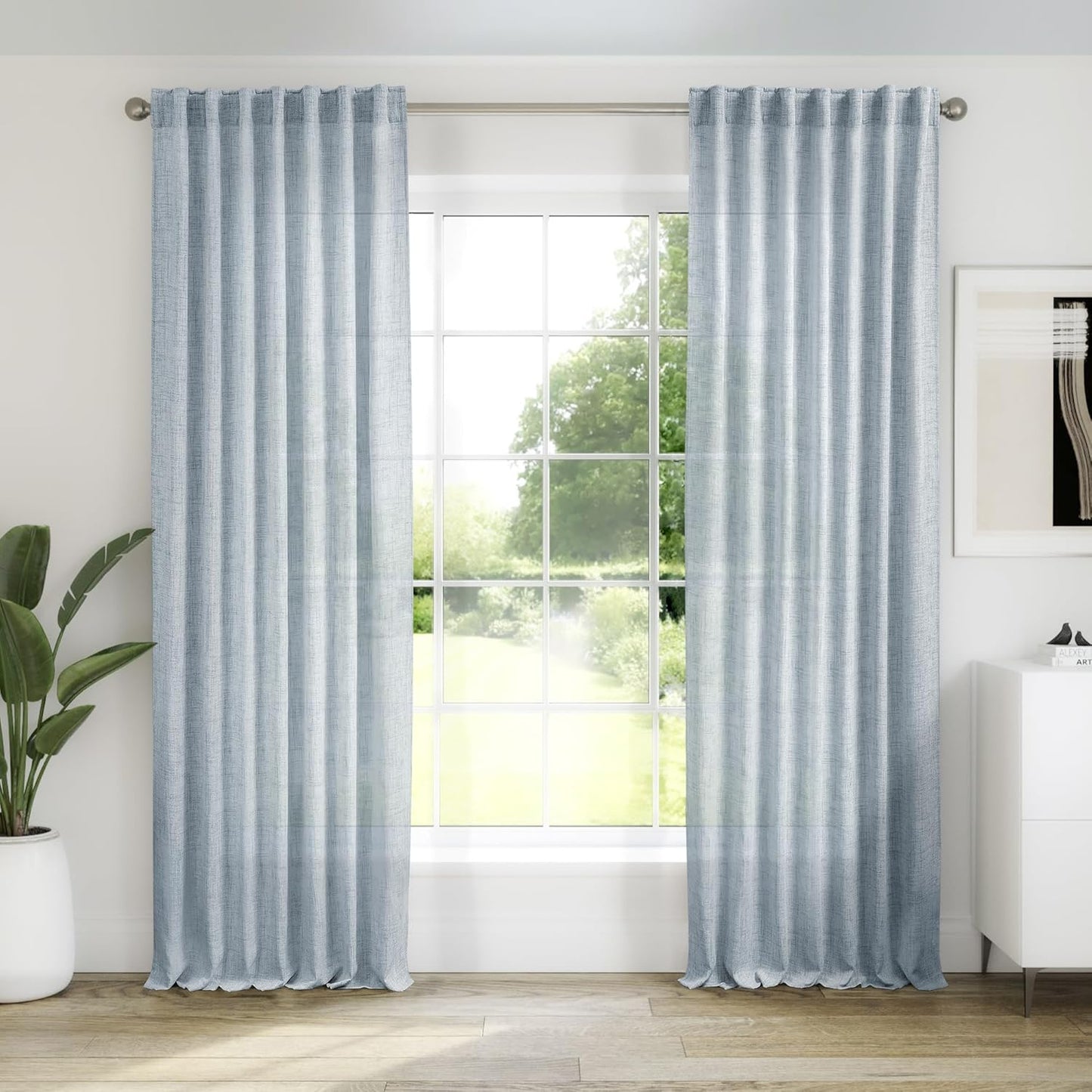 Blue Linen Curtains 108 Inches Long for Living Room 2 Panels Set