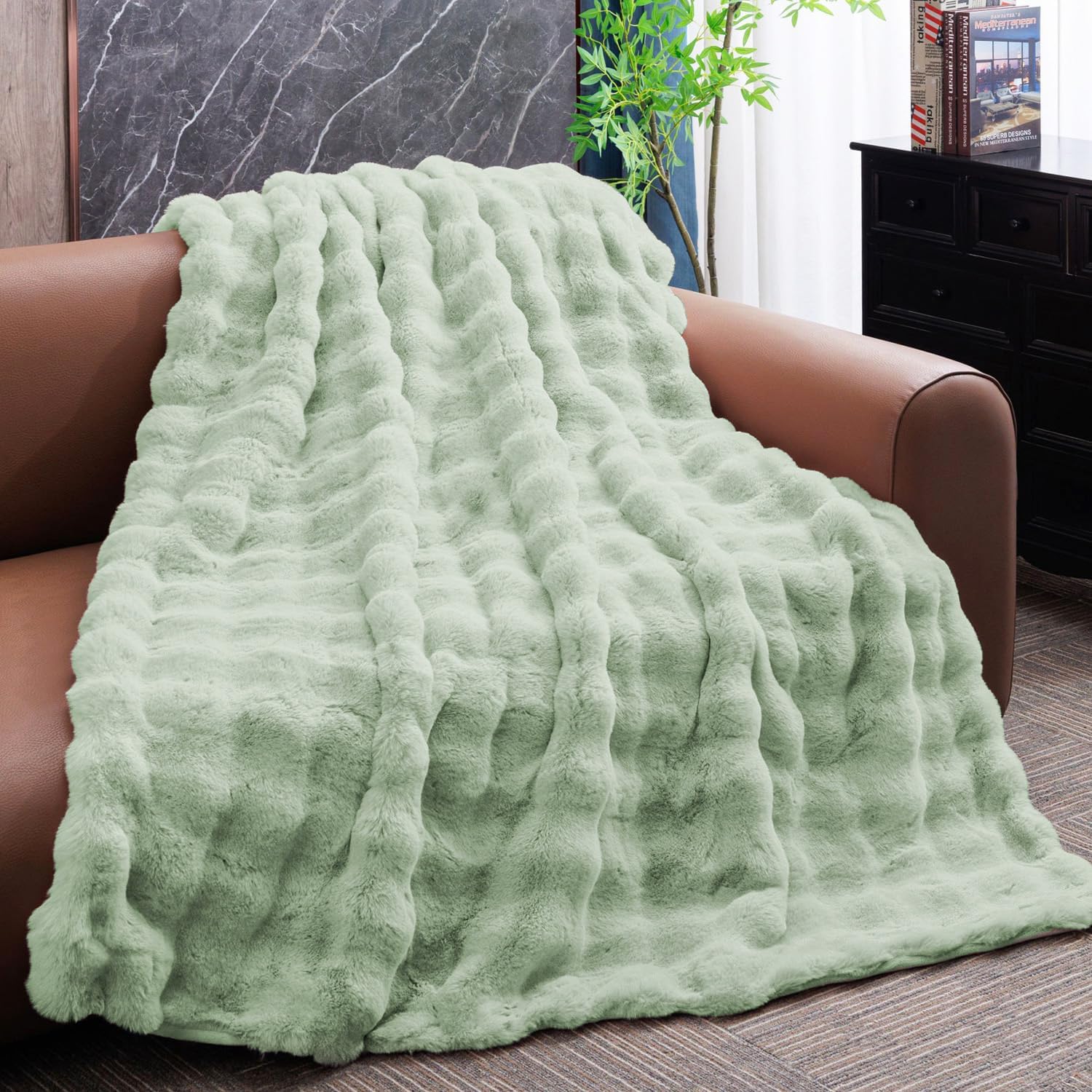 Sage Green Throw Blanket for Couch Plush Soft Bubble Bunny
