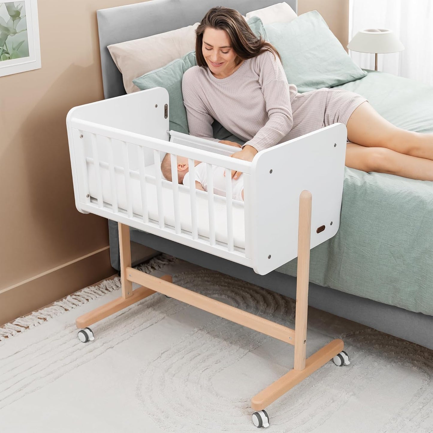 Comfy Cubs Wooden Bedside Bassinet Sleeper for Newborns