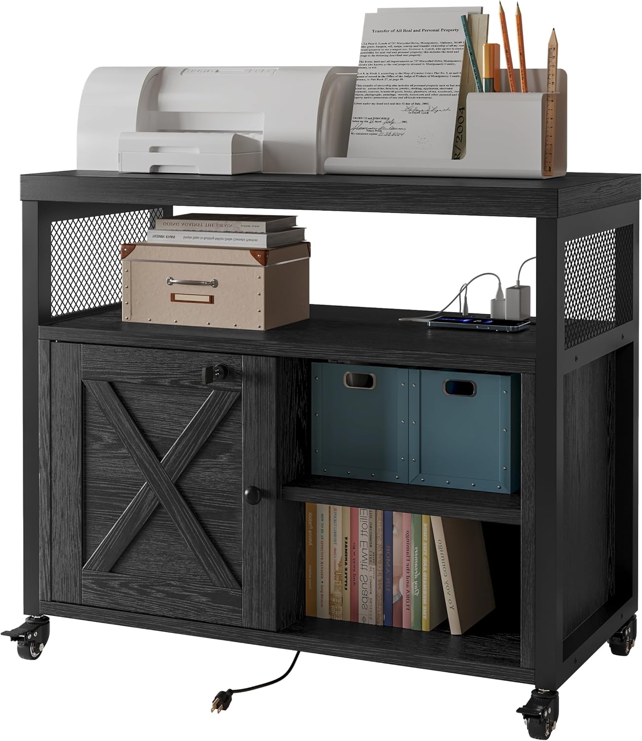 Farmhouse Printer Stand with Storage and Mobile File Cabinet