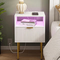 Modern Nightstand with Charging Station and LED Lights - Stylish White