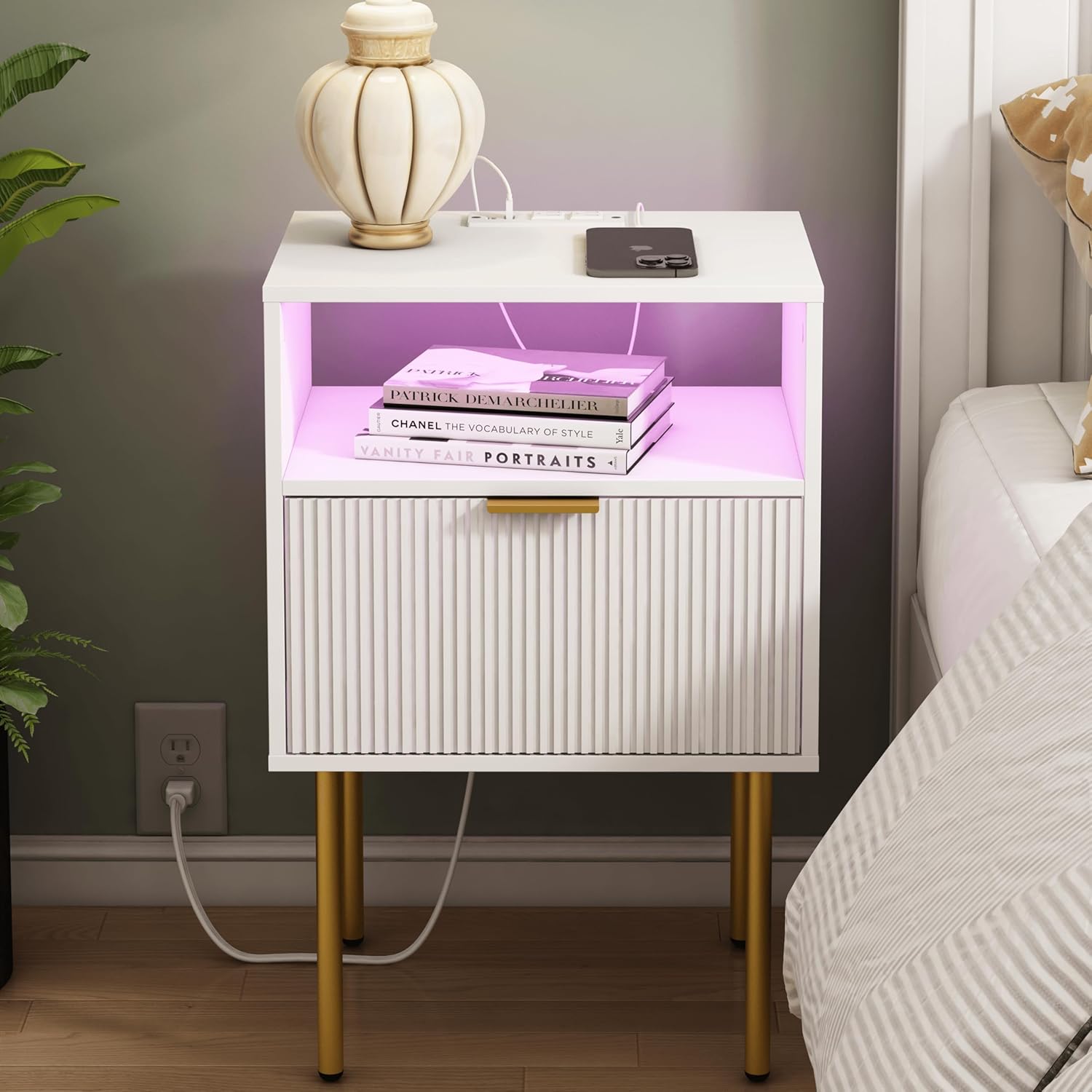 Modern Nightstand with Charging Station and LED Lights for Home