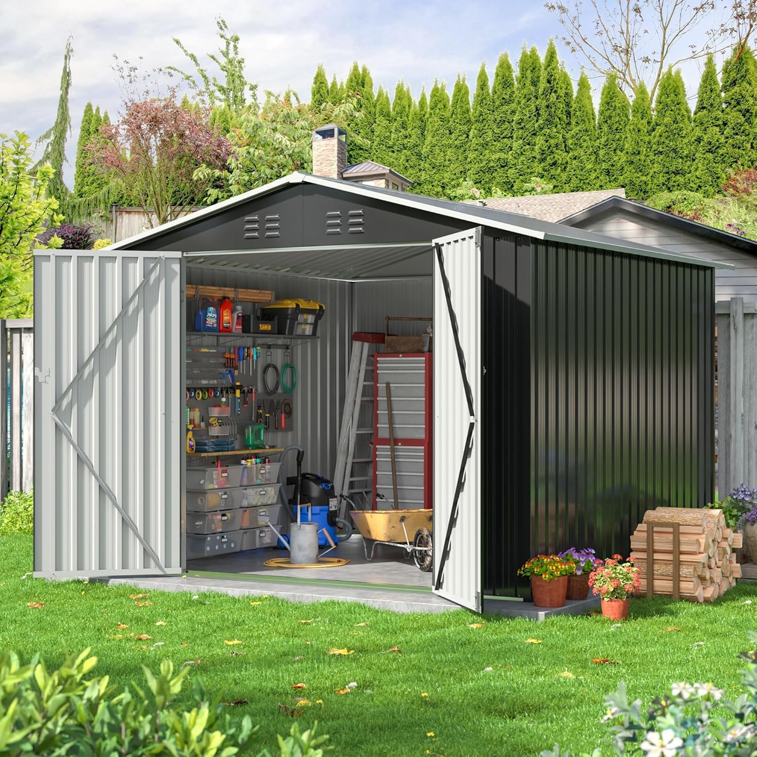 8x8 FT Outdoor Storage Shed with Lockable Doors for Safety