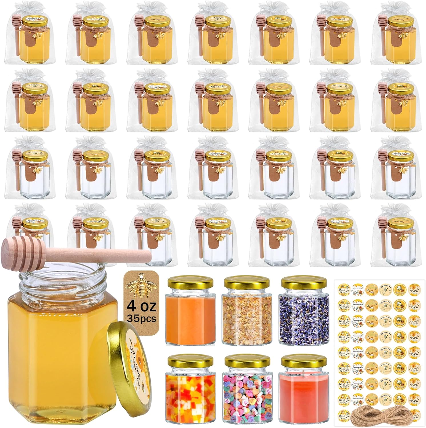 Mini Honey Jars Set for Party Favors - 35 Pack with Dippers