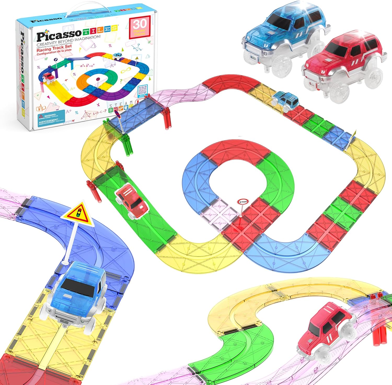 PicassoTiles Magnetic Tiles Race Track Car Playset for Kids