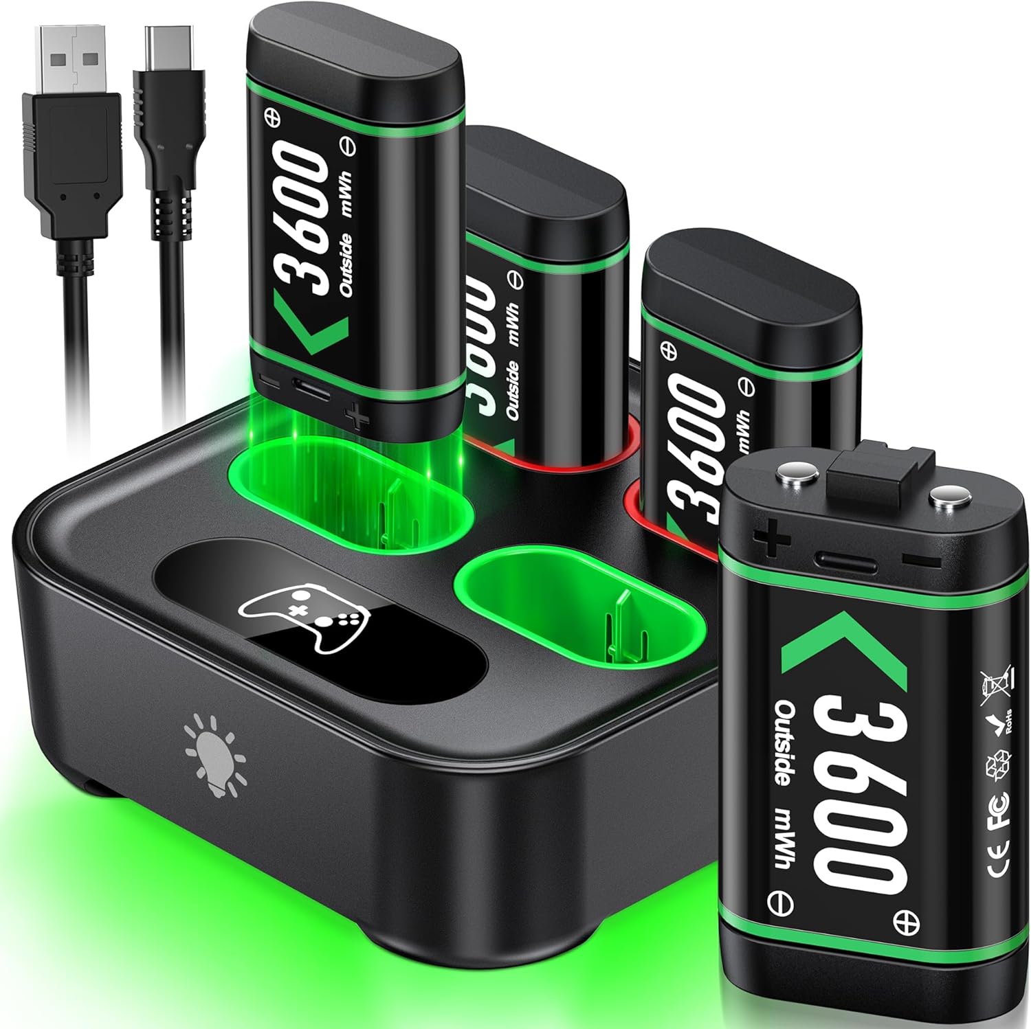 3600mWh Xbox Controller Batteries + Charger Dock