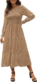 Womens Smocked Boho Floral Tiered Midi Dress with Pockets