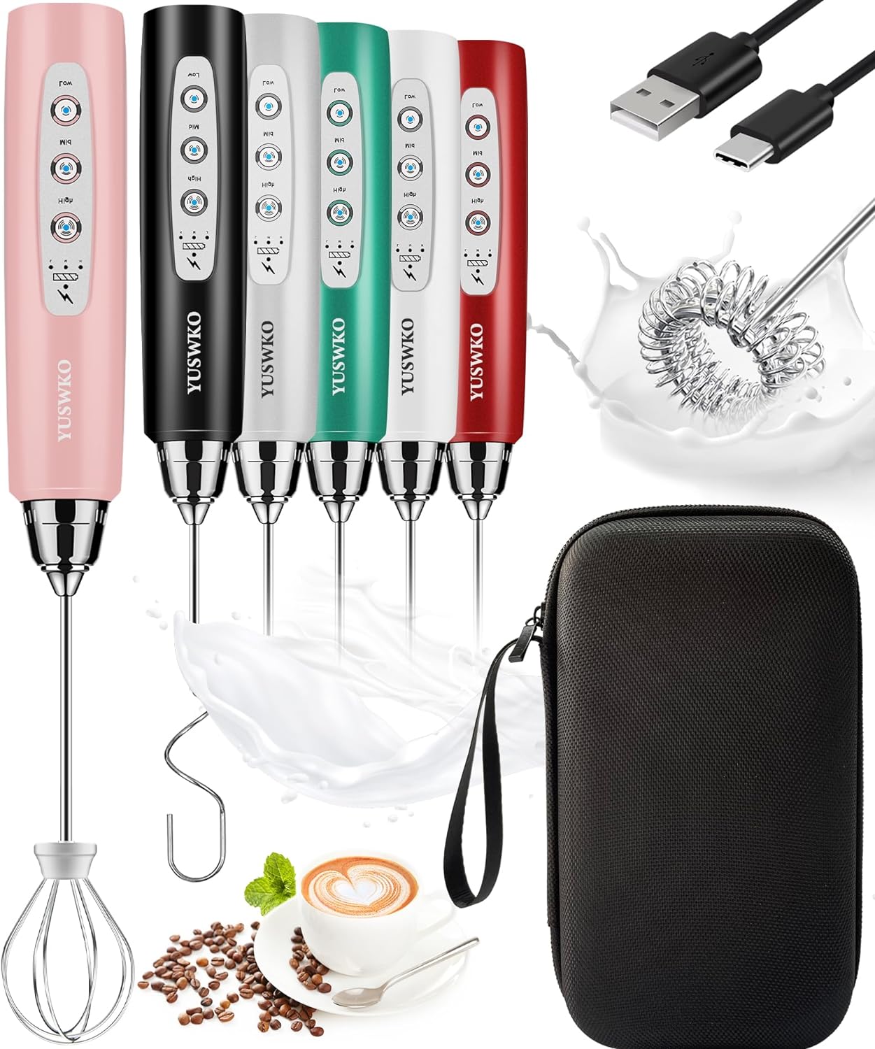 YUSWKO Pink Milk Frother - 3 Speed Electric Whisk