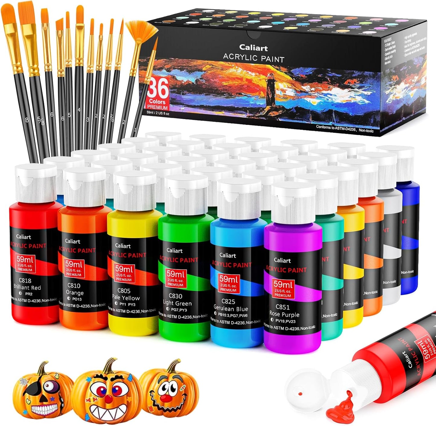 Caliart Acrylic Paint Set with 36 Colors and 12 Brushes