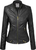 Womens Faux Leather Moto Biker Jacket - Lightweight Stitch Detail