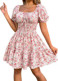 Floerns Women's Boho Square Neck Puff Sleeve A Line Dress - Casual