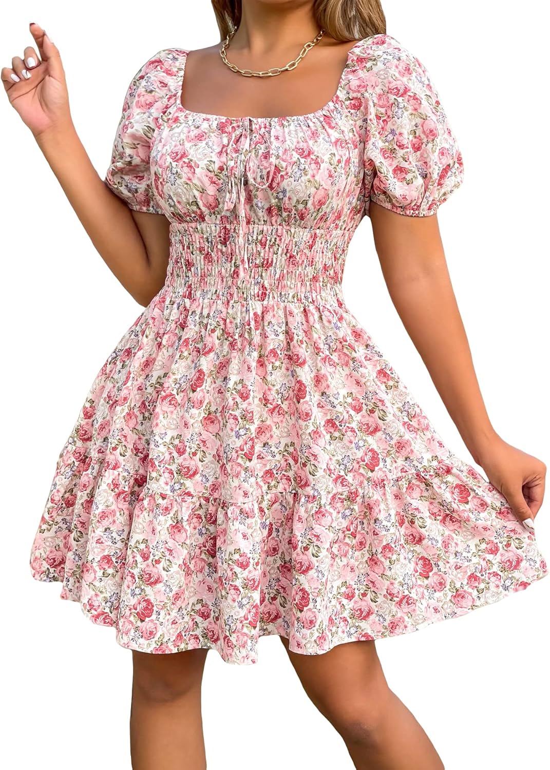 Floerns Women's Boho Square Neck Puff Short Sleeve Dress