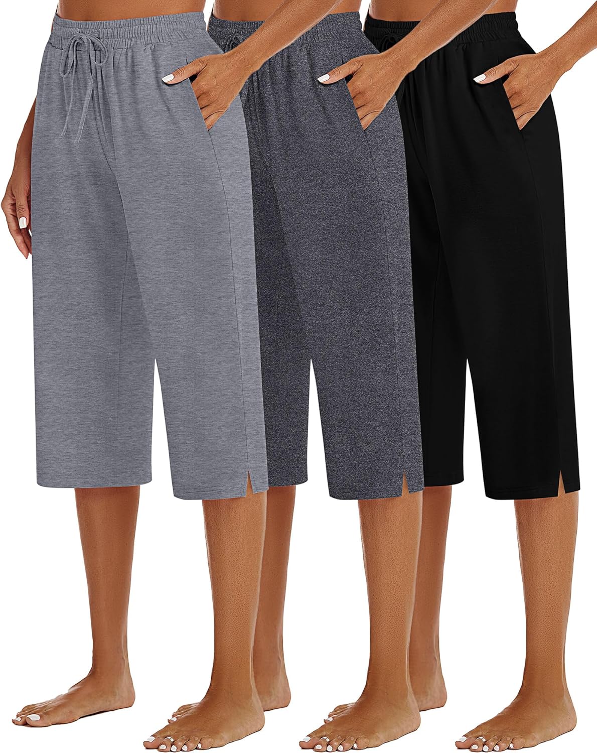 3 Pack Women's Capris Wide Leg Pajama Pants with Pockets