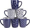 Set of 6 Large Ceramic Coffee Mugs - Blue Floral Design