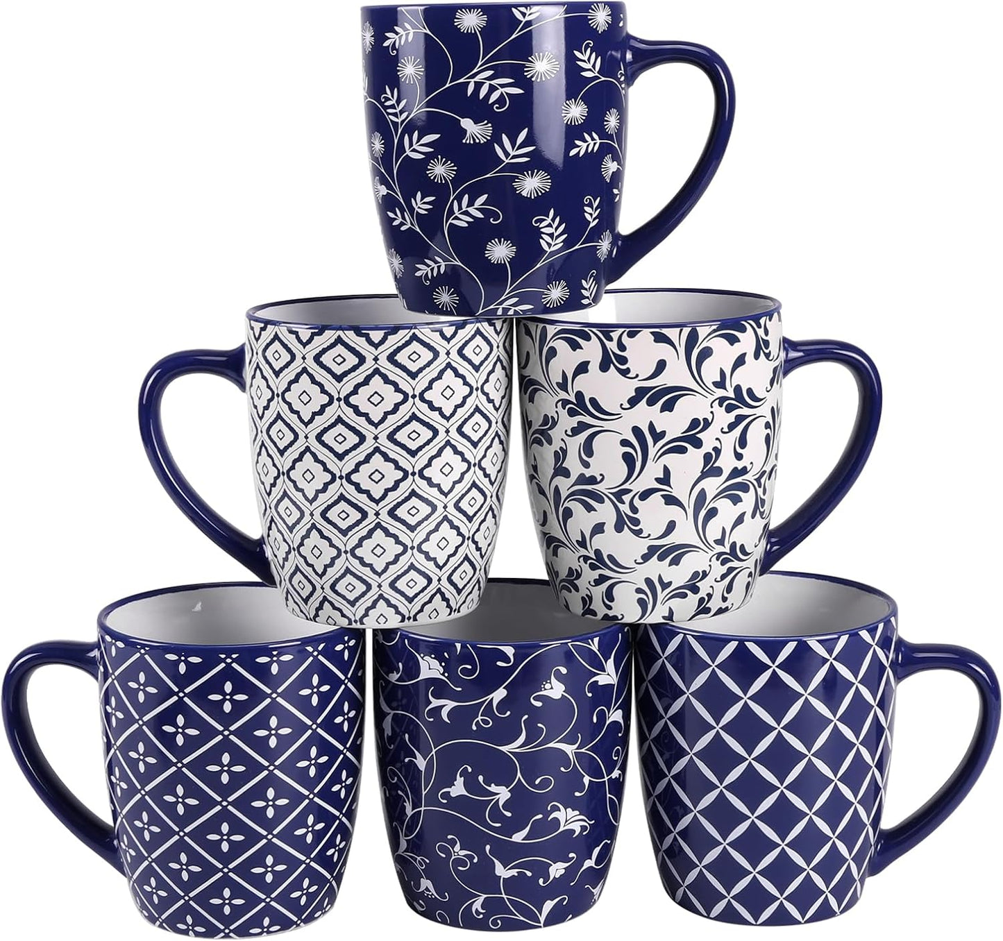 Set of 6 Large Ceramic Coffee Mugs - Blue Floral Design