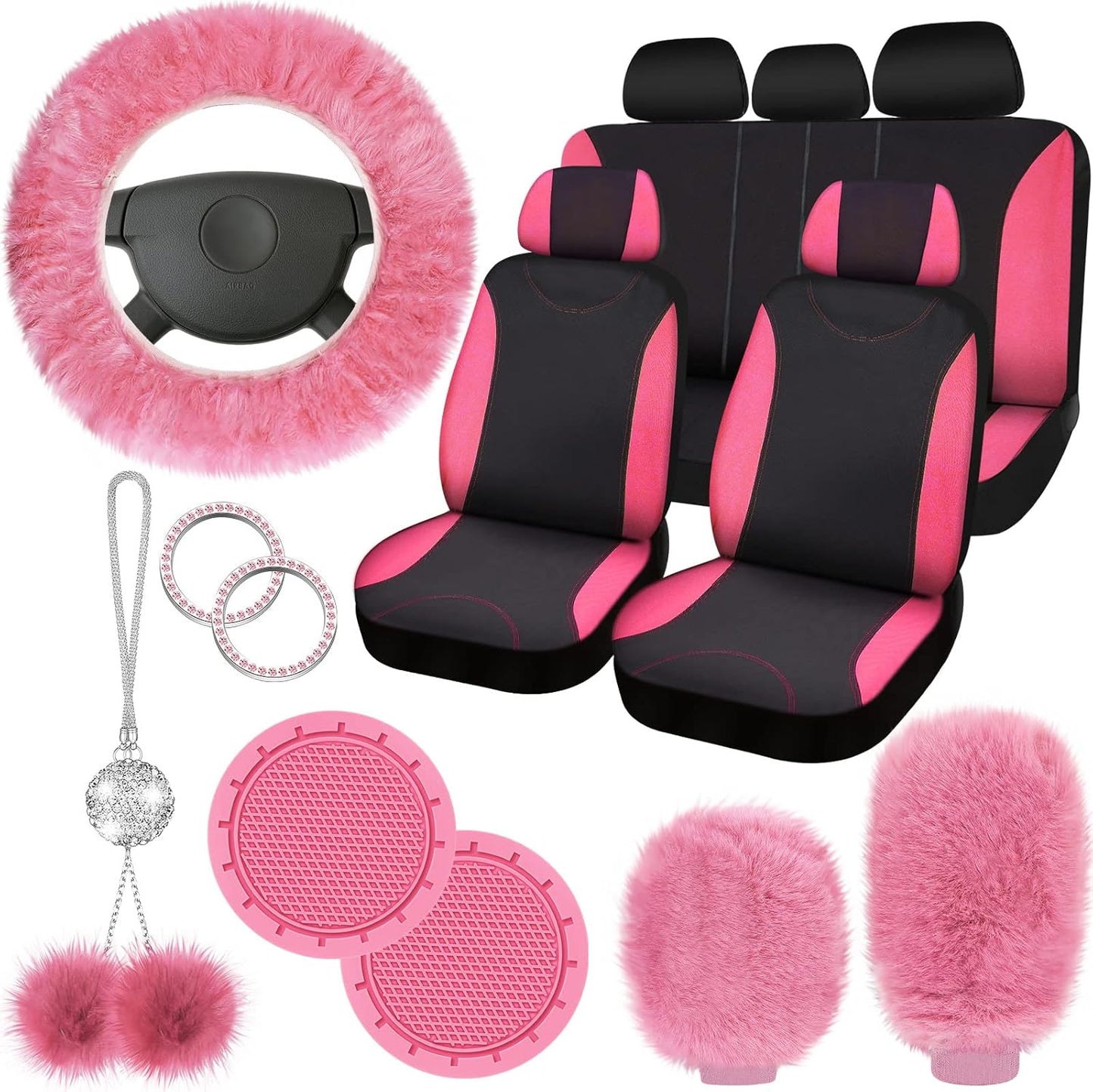 Fluffy Car Seat Cover Full Set for Women - 17 Pcs Pink Accessories