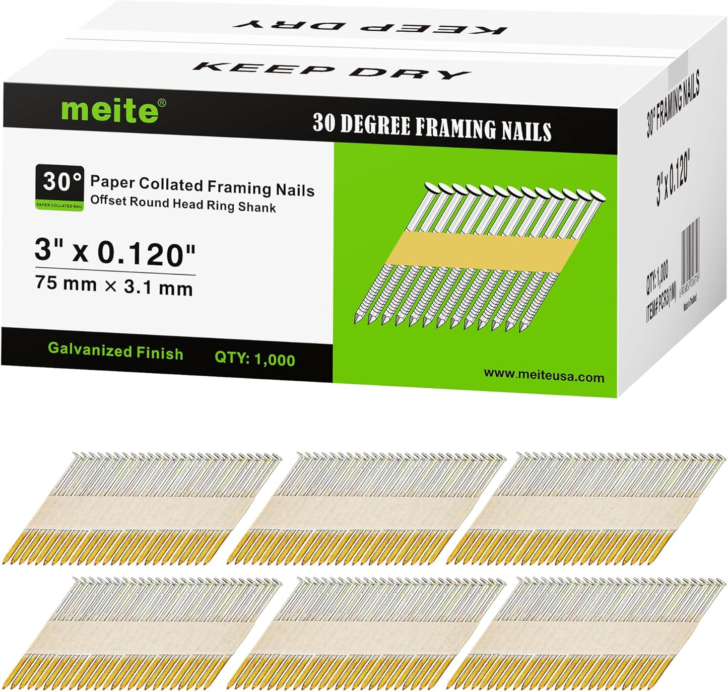 30 Degree Framing Nails for 30-34 Degree Nailers, 1,000 Count