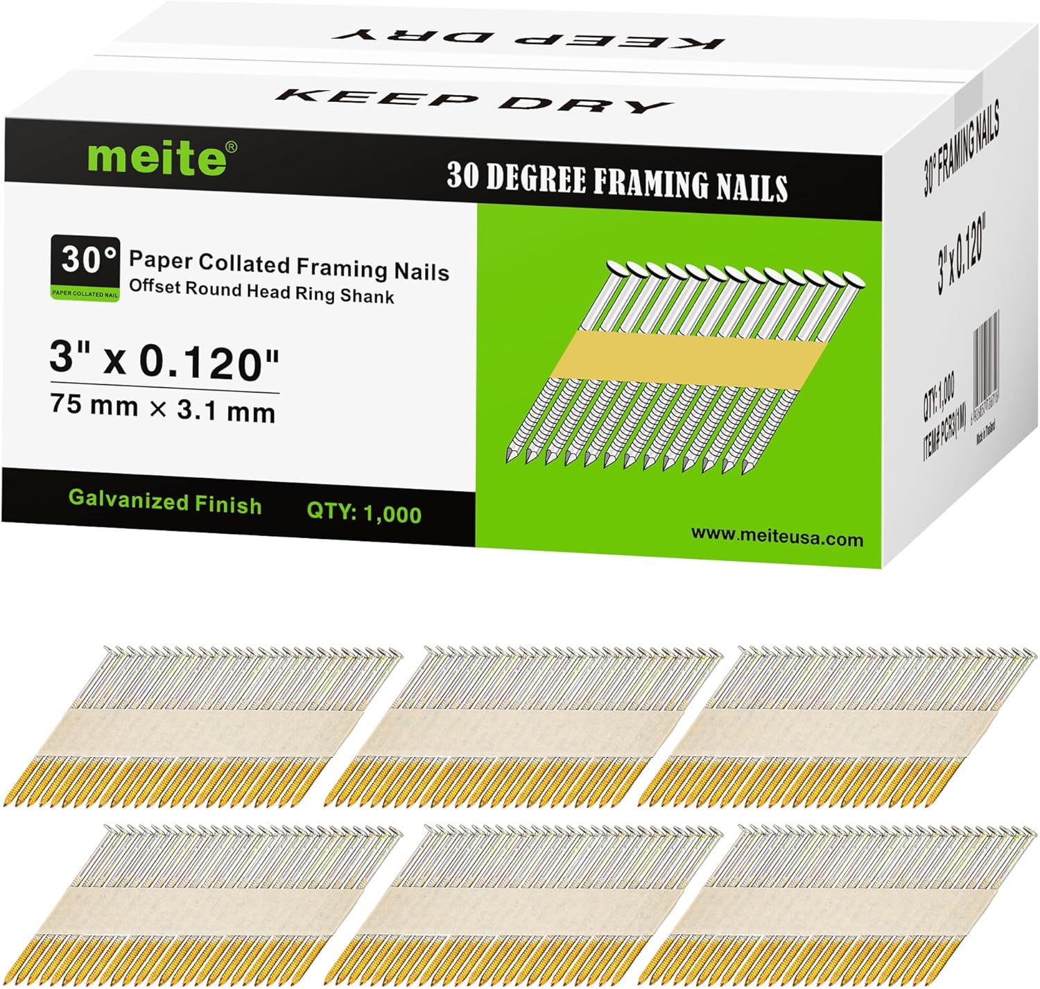 30 Degree Framing Nails for 30-34 Degree Nailers, 1,000 Count