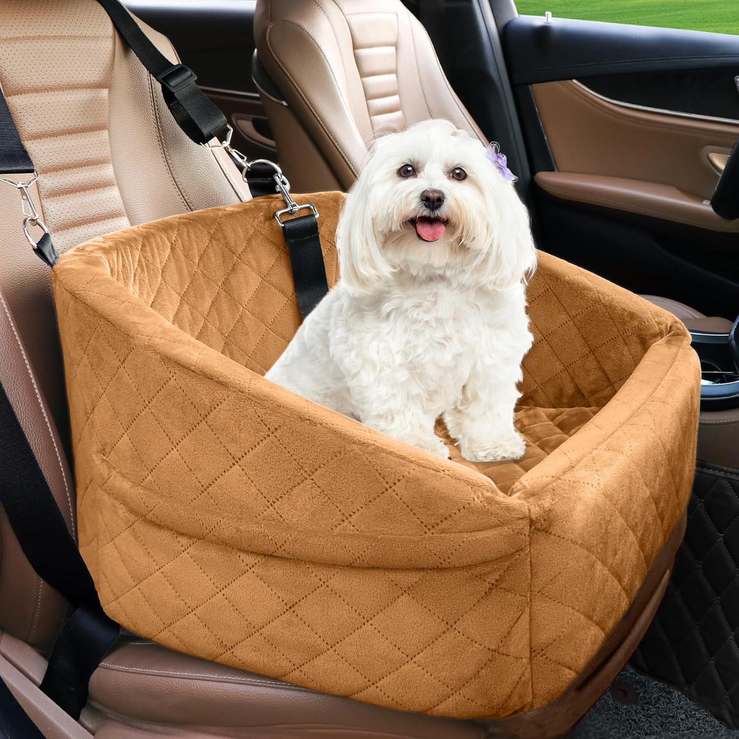 Dog Car Seat for Small Medium Dogs with Safety Belt and Storage