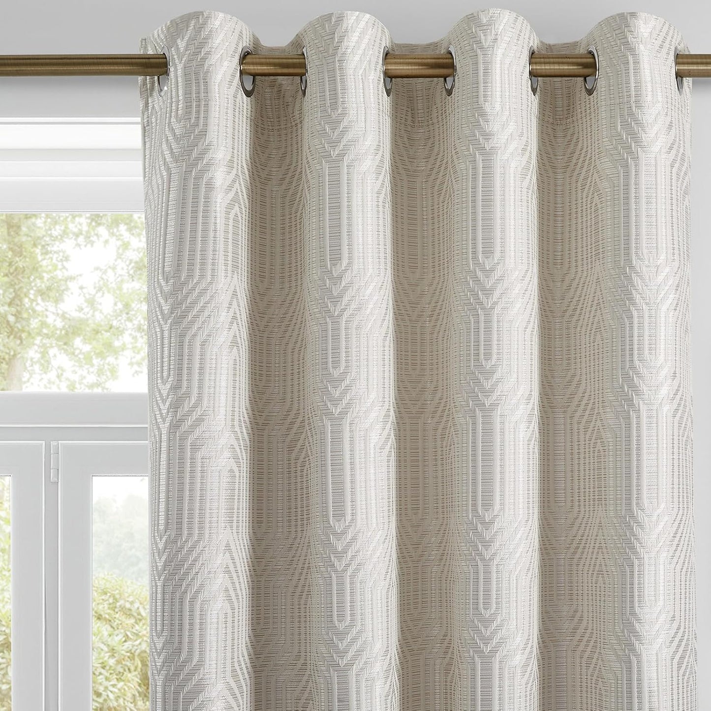 Beige and Silvery Blackout Jacquard Geometric Pattern Curtains