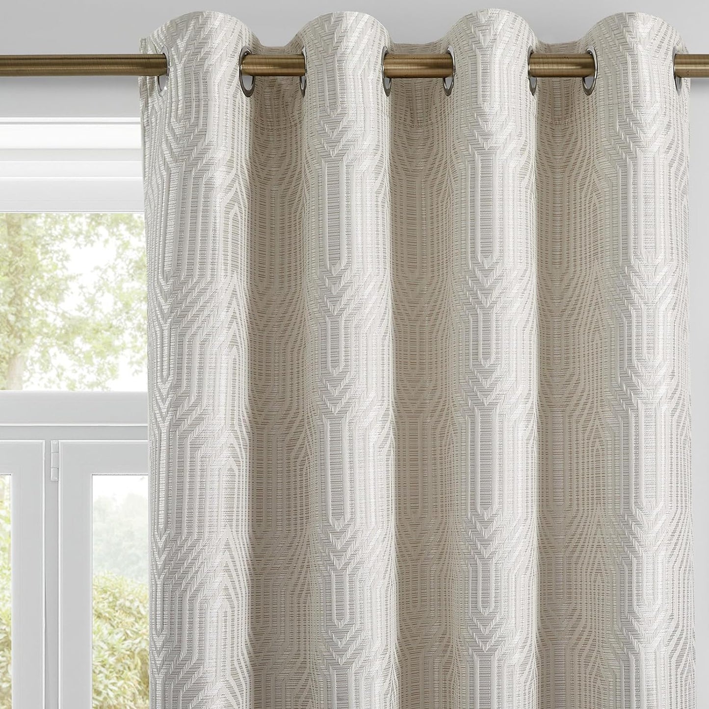 Beige and Silvery 100% Blackout Geometric Pattern Curtains