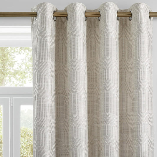 Beige and Silvery Blackout Jacquard Geometric Pattern Curtains