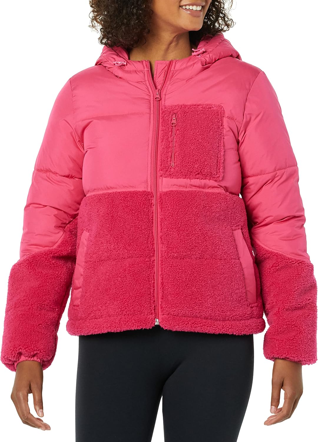 Full-Zip Sherpa Fleece Hooded Puffer Jacket for Women