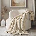 Beige Chunky Chenille Throw Blanket 50in x 60in - Moss Stitch Cozy