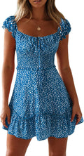 Womens Smocked Tie Front Ruffle Floral Mini Dress - Boho Swing