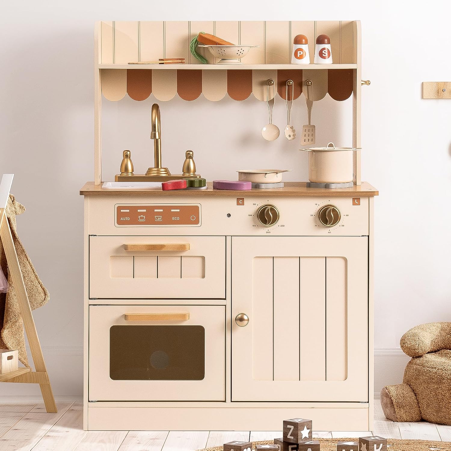 ROBOTIME Play Kitchen for Kids - Interactive Wooden Toy Set