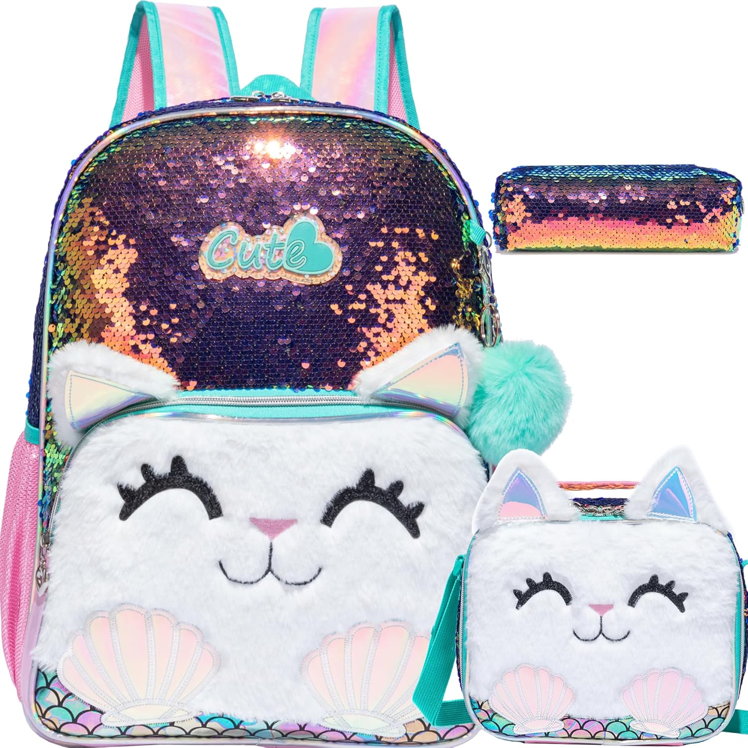 Meetbelify Cute Cat Sequin Backpack for Girls - 3 in 1 Set
