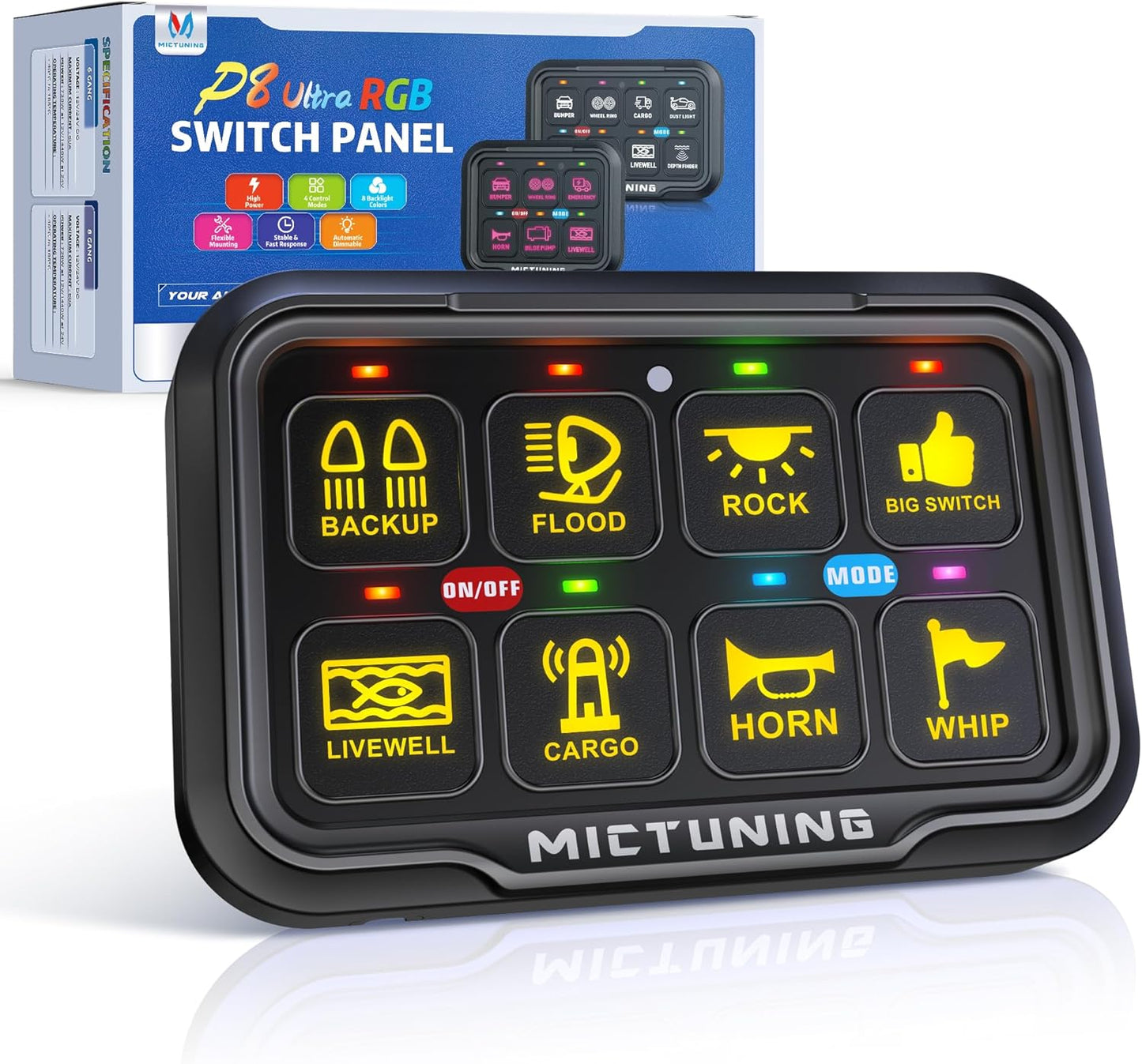MICTUNING P8 RGB 8 Gang Switch Panel for Marine and Offroad Use