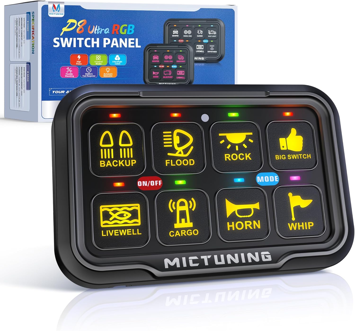 MICTUNING P8 RGB 8 Gang Switch Panel for Marine and Offroad Use