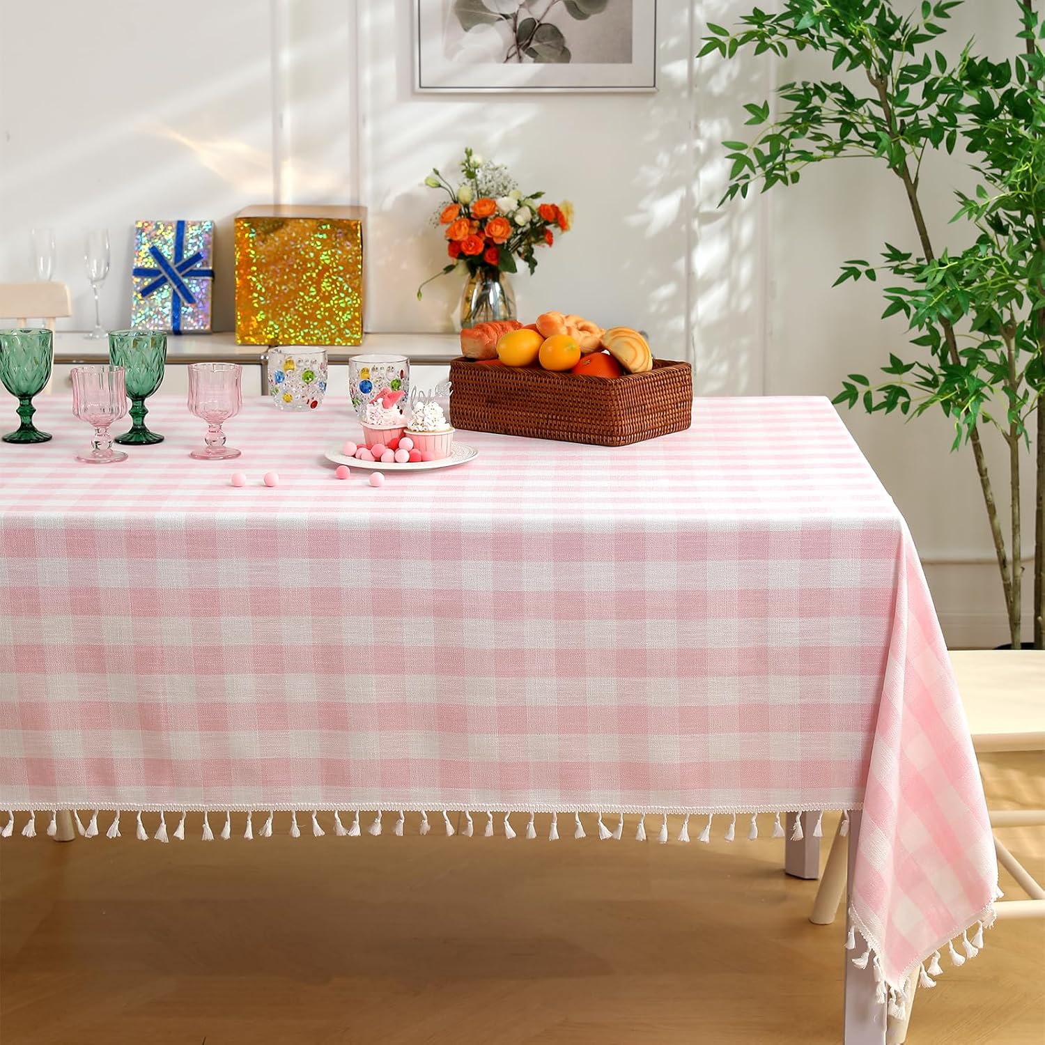 Rectangle Table Cloth for Farmhouse Decor - Pink Checkered Style