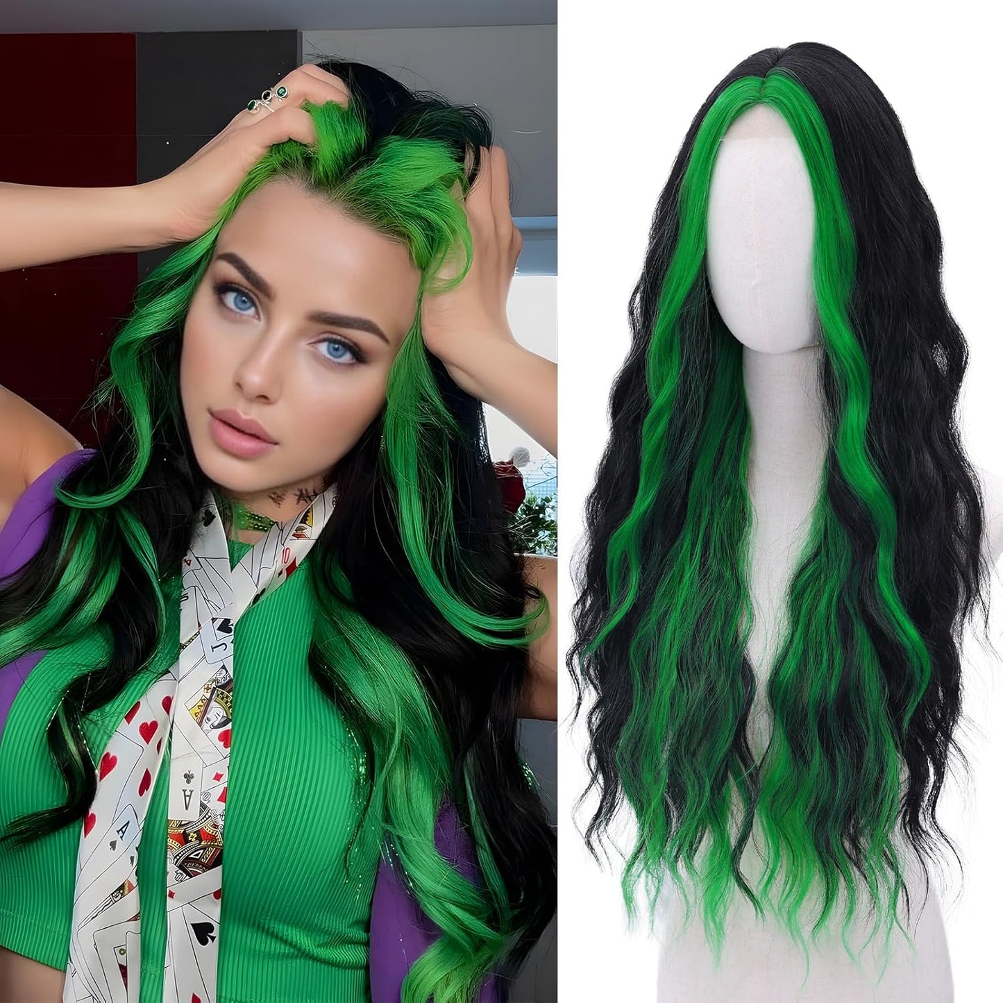 Long Natural Wavy Green Wig for Women - Perfect for Cosplay