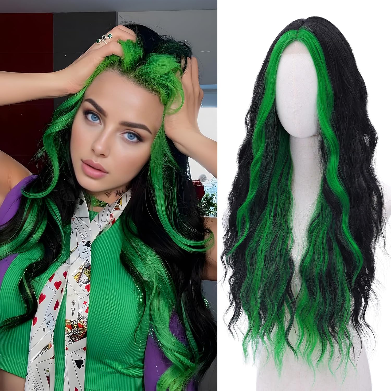 Long Natural Wavy Green Wig for Women - Perfect for Cosplay