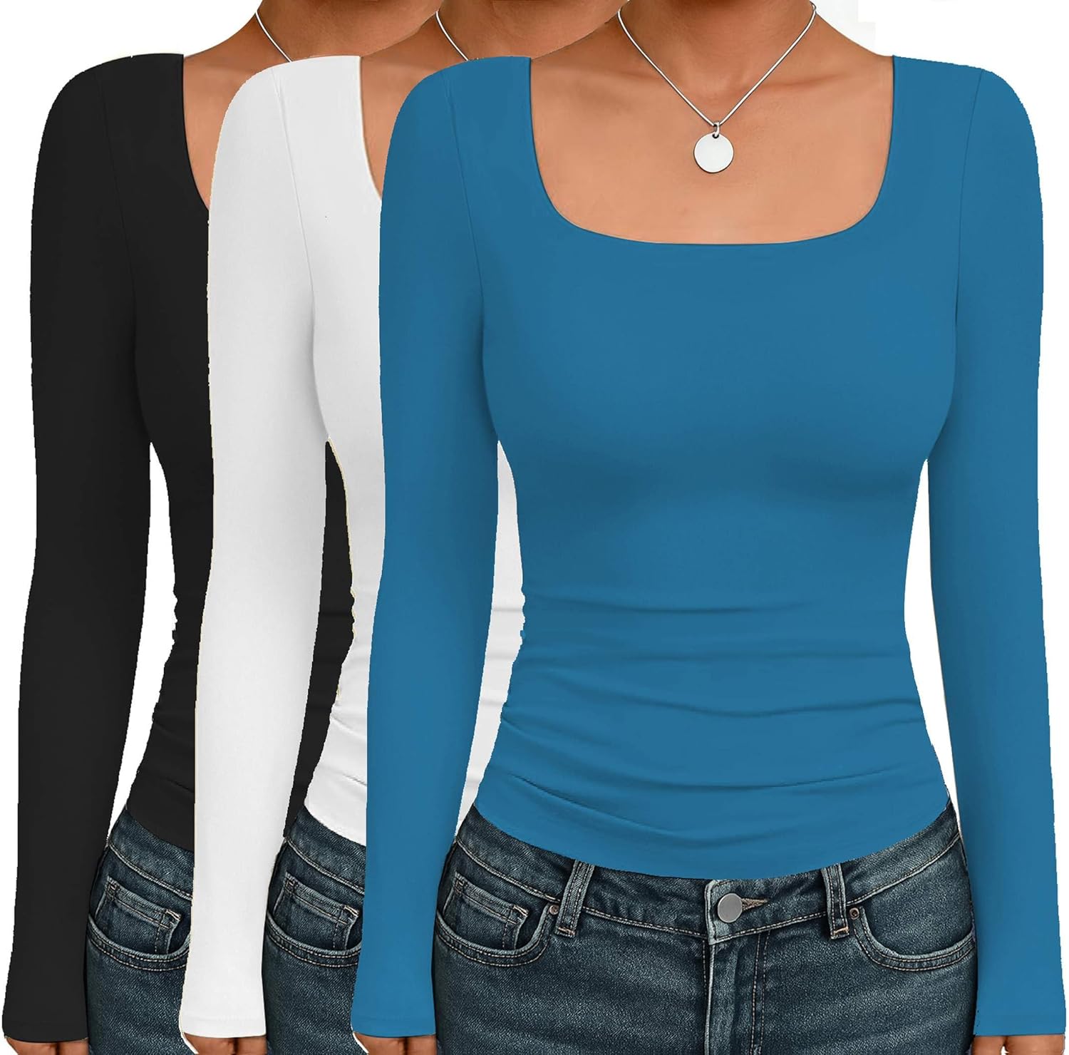 Ekouaer Womens Long Sleeve Square Neck Thermal Shirts 3 Pack