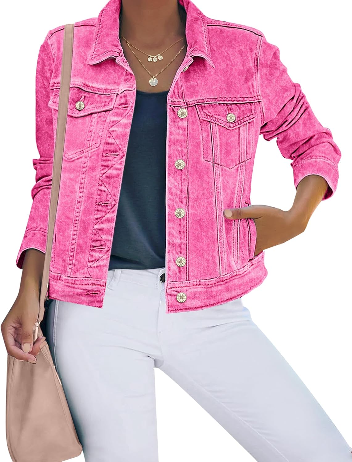 Luvamia Women's Basic Button Down Stretch Fitted Denim Jacket